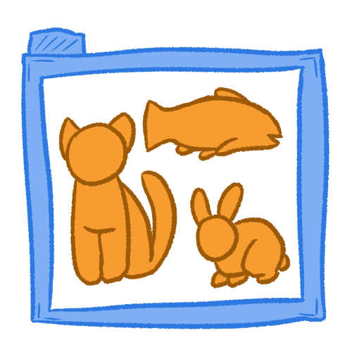 A drawing of a blue hollow folder. Inside of it there's a cat, fish, and rabbit, all coloured orange.